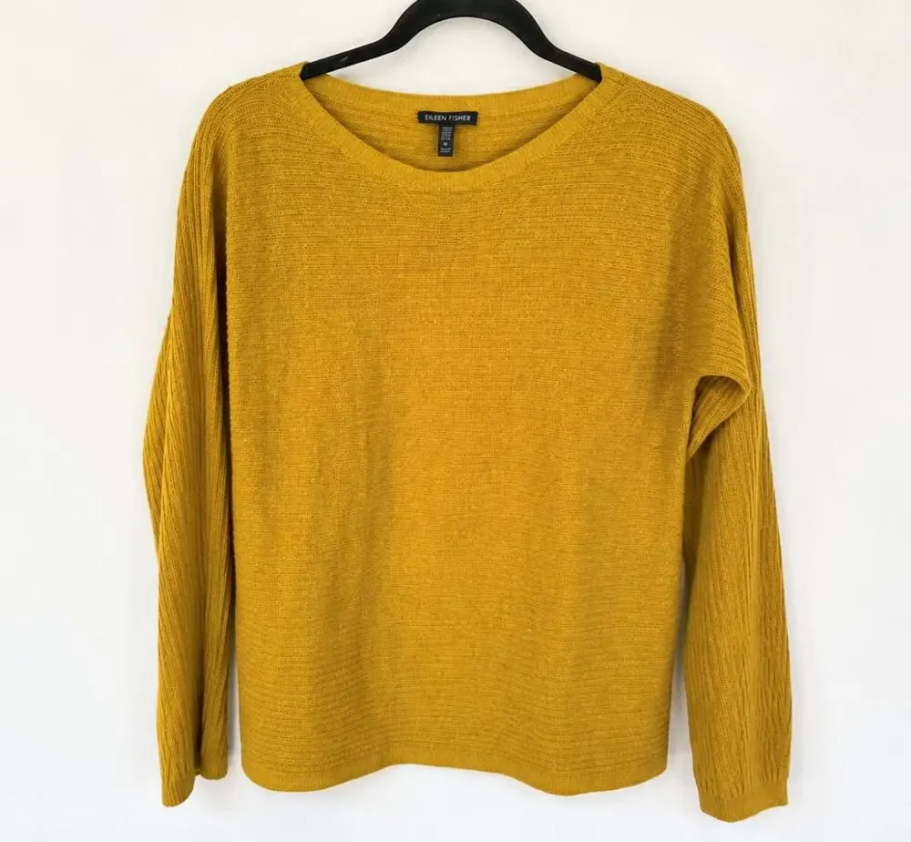 Eileen FIsher 100% Wool XS / TP Mustard Golden Ribbed LS Round Neck Sweater